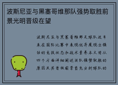 波斯尼亚与黑塞哥维那队强势取胜前景光明晋级在望