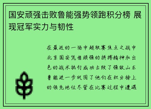 国安顽强击败鲁能强势领跑积分榜 展现冠军实力与韧性