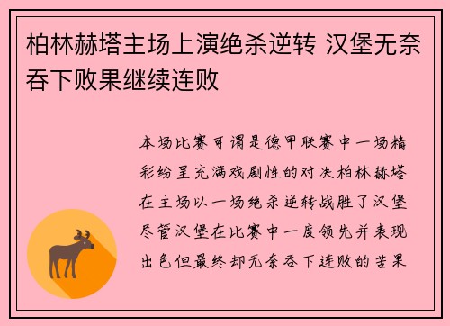 柏林赫塔主场上演绝杀逆转 汉堡无奈吞下败果继续连败