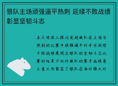 狼队主场顽强逼平热刺 延续不败战绩彰显坚韧斗志