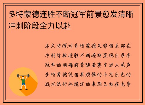多特蒙德连胜不断冠军前景愈发清晰冲刺阶段全力以赴