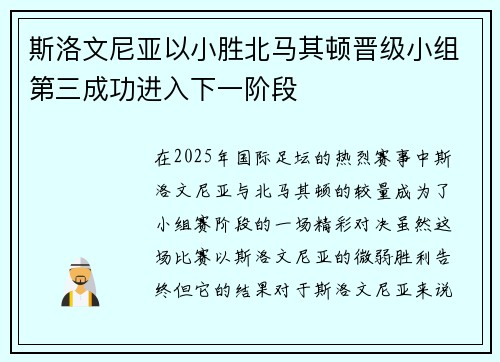 斯洛文尼亚以小胜北马其顿晋级小组第三成功进入下一阶段