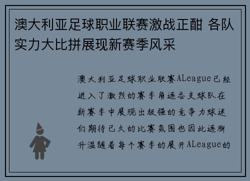 澳大利亚足球职业联赛激战正酣 各队实力大比拼展现新赛季风采