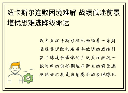 纽卡斯尔连败困境难解 战绩低迷前景堪忧恐难逃降级命运