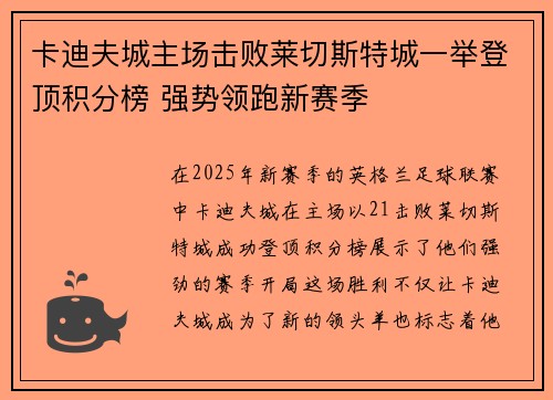 卡迪夫城主场击败莱切斯特城一举登顶积分榜 强势领跑新赛季